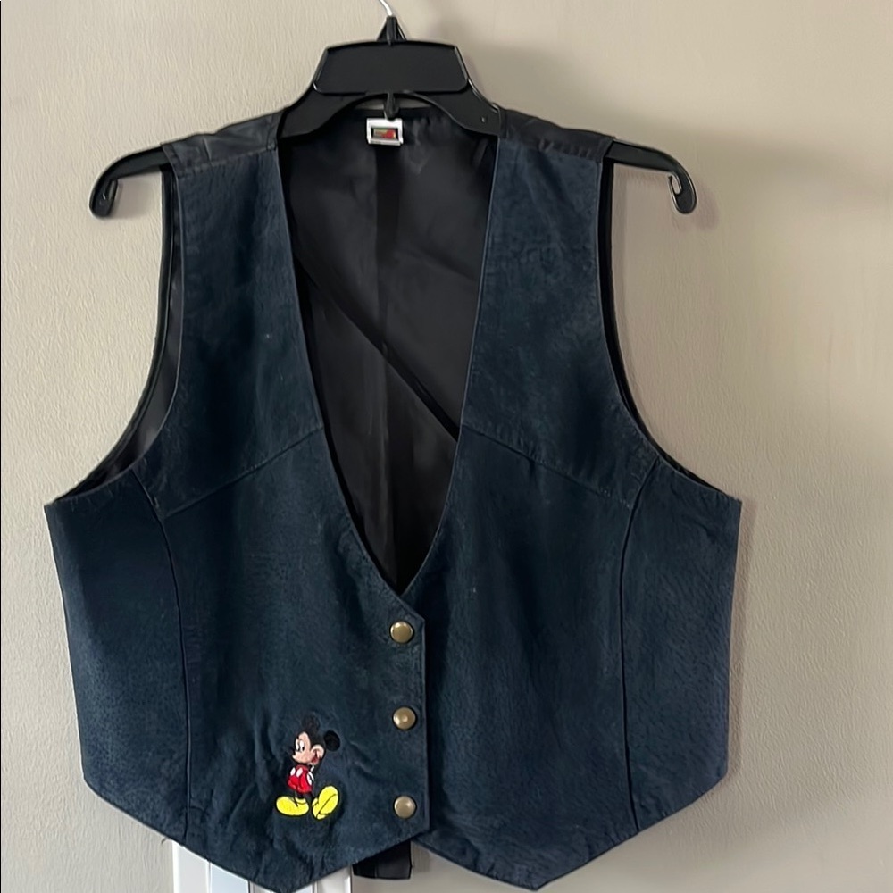 Blue Leather Vest  with Mickey Mouse Embroidery